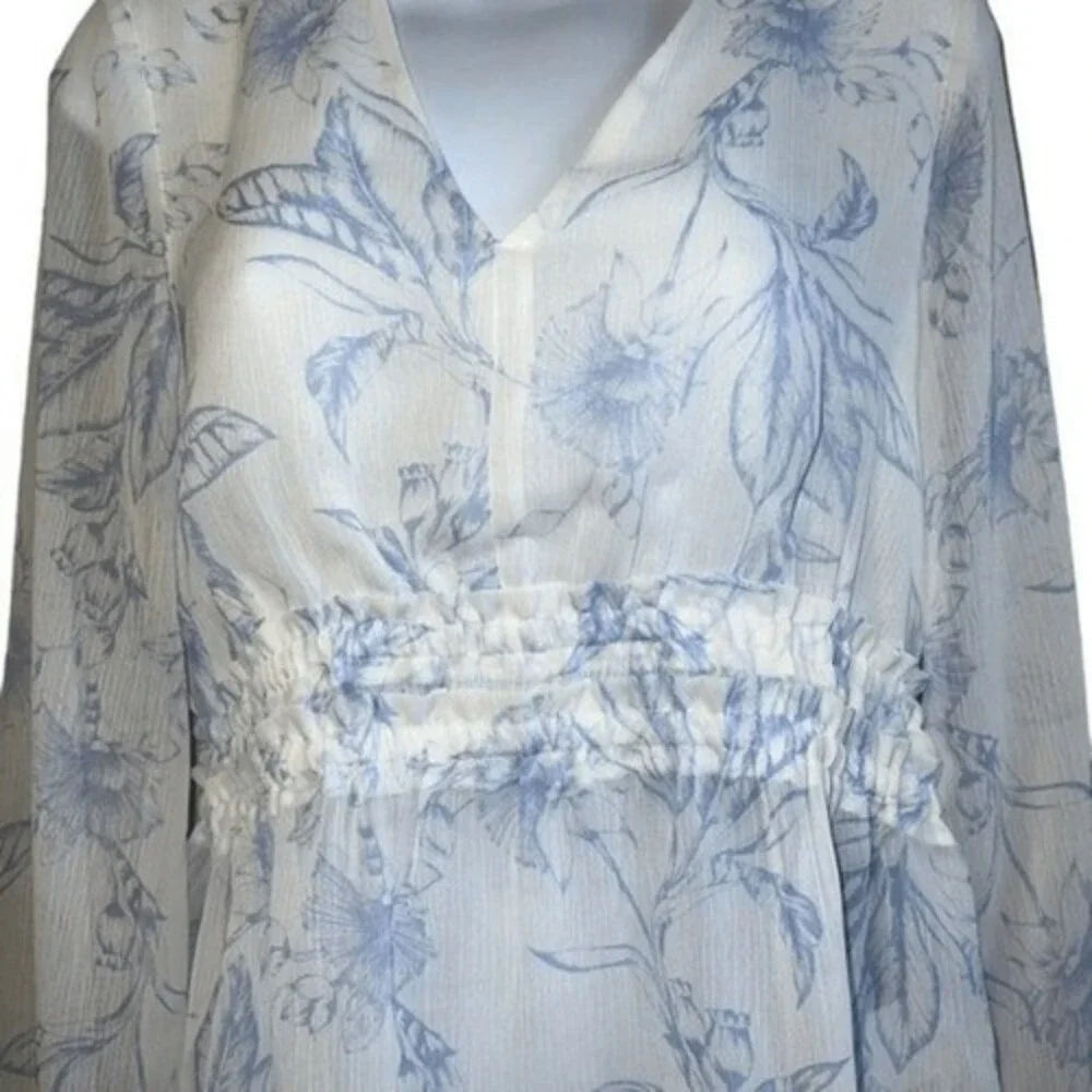 EXPRESS Elasticized Waist Peplum Hem White Chiffon Floral L/S Top NWOT Small - Picture 4 of 9